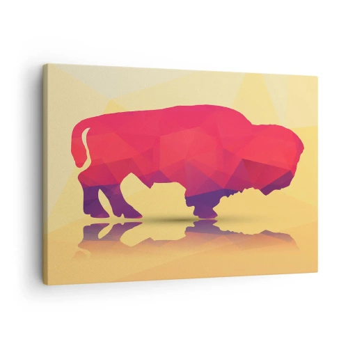 Canvastavla - Bild på duk - Geometrisk silhuett av en bisonoxe i nyanser av rött och lila - 70x50cm - Visentens amaranta styrka - Modern väggdekoration för vardagsrum och sovrum ARTTOR
