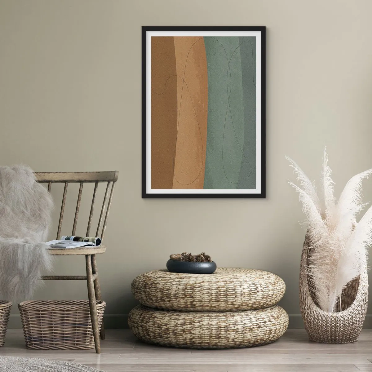 Affisch i svart ram - Organiska linjer på jordnära och gröna bakgrunder - 50x70cm - Horisontell komposition - Modern väggdekoration för vardagsrum och sovrum ARTTOR