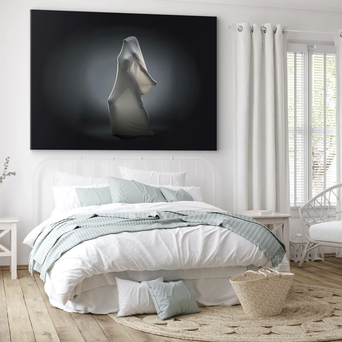 Canvastavla - Bild på duk - En figur i vitt tyg mot en mörk bakgrund - 70x50cm - Dolda drömmar - Modern väggdekoration för vardagsrum och sovrum ARTTOR