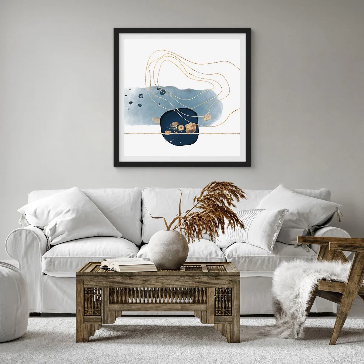 Affisch i svart ram - Blå-guld fantasi - 60x60 cm