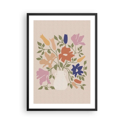 Affisch i svart ram - En färgglad blombukett i en ljus vas på en beige bakgrund - 50x70cm - En delikat bukett - Modern väggdekoration för vardagsrum och sovrum ARTTOR