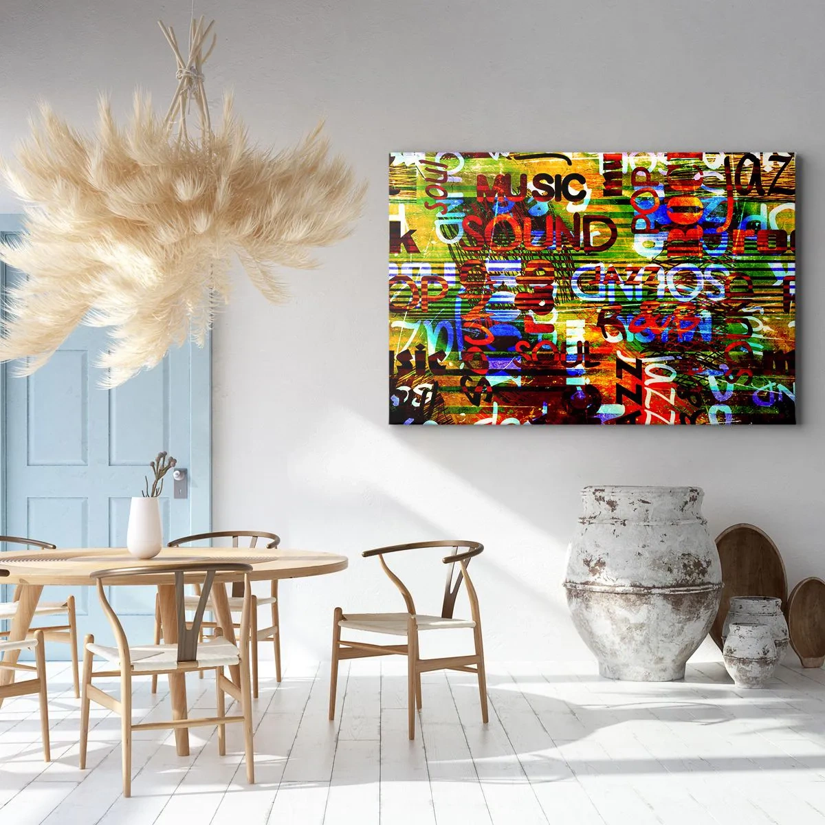 Canvastavla - Bild på duk - Färgglad abstraktion med musikinskriptioner i popkonststil - 70x50cm - Ljudets alla färger - Modern väggdekoration för vardagsrum och sovrum ARTTOR