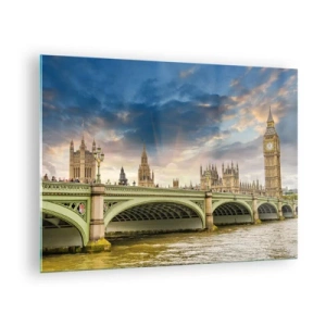 Glastavla - Bild på glas - Big Ben och Westminsterbron vid solnedgången - 70x50cm - Tiden stannade i Imperiet - Modern väggdekoration för vardagsrum och sovrum ARTTOR