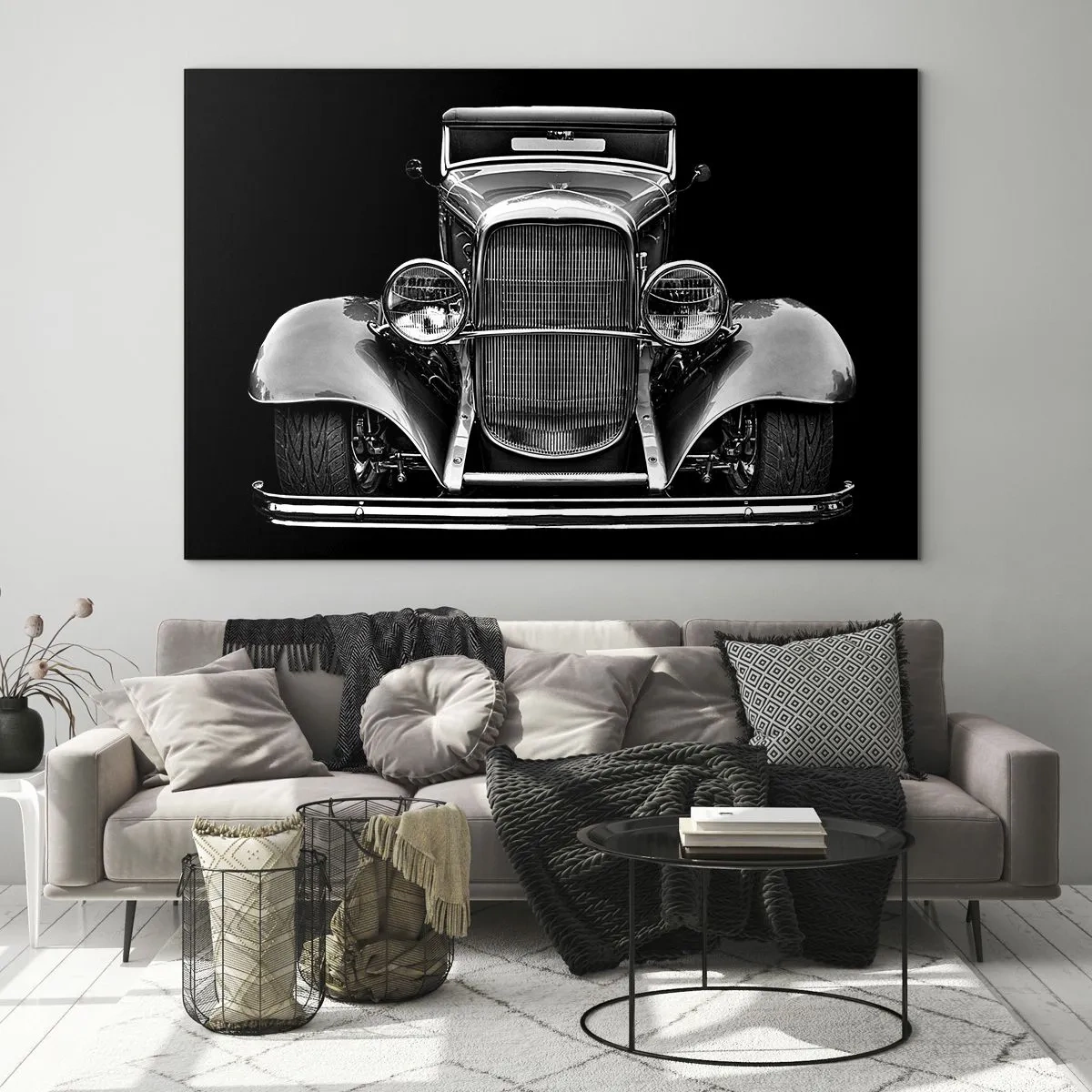 Glastavla - Bild på glas - En frontalvy av en vintage retrobil - 70x50cm - En sann gentleman - Modern väggdekoration för vardagsrum och sovrum ARTTOR
