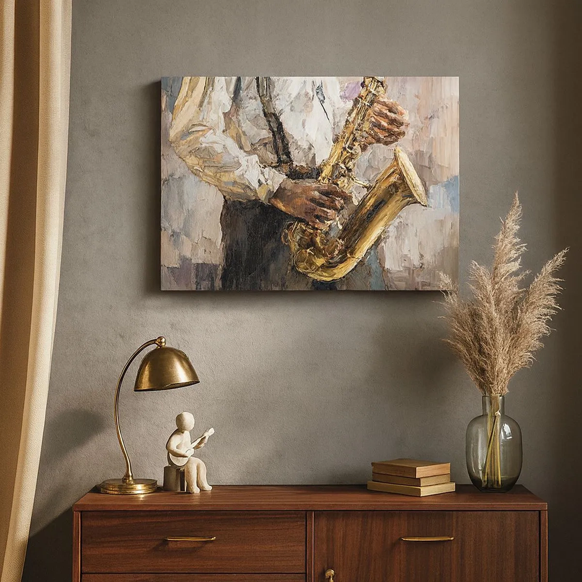 Canvastavla - Bild på duk - En musiker som spelar saxofon i en konstnärlig stil - 70x50cm - Dags för solo - Modern väggdekoration för vardagsrum och sovrum ARTTOR