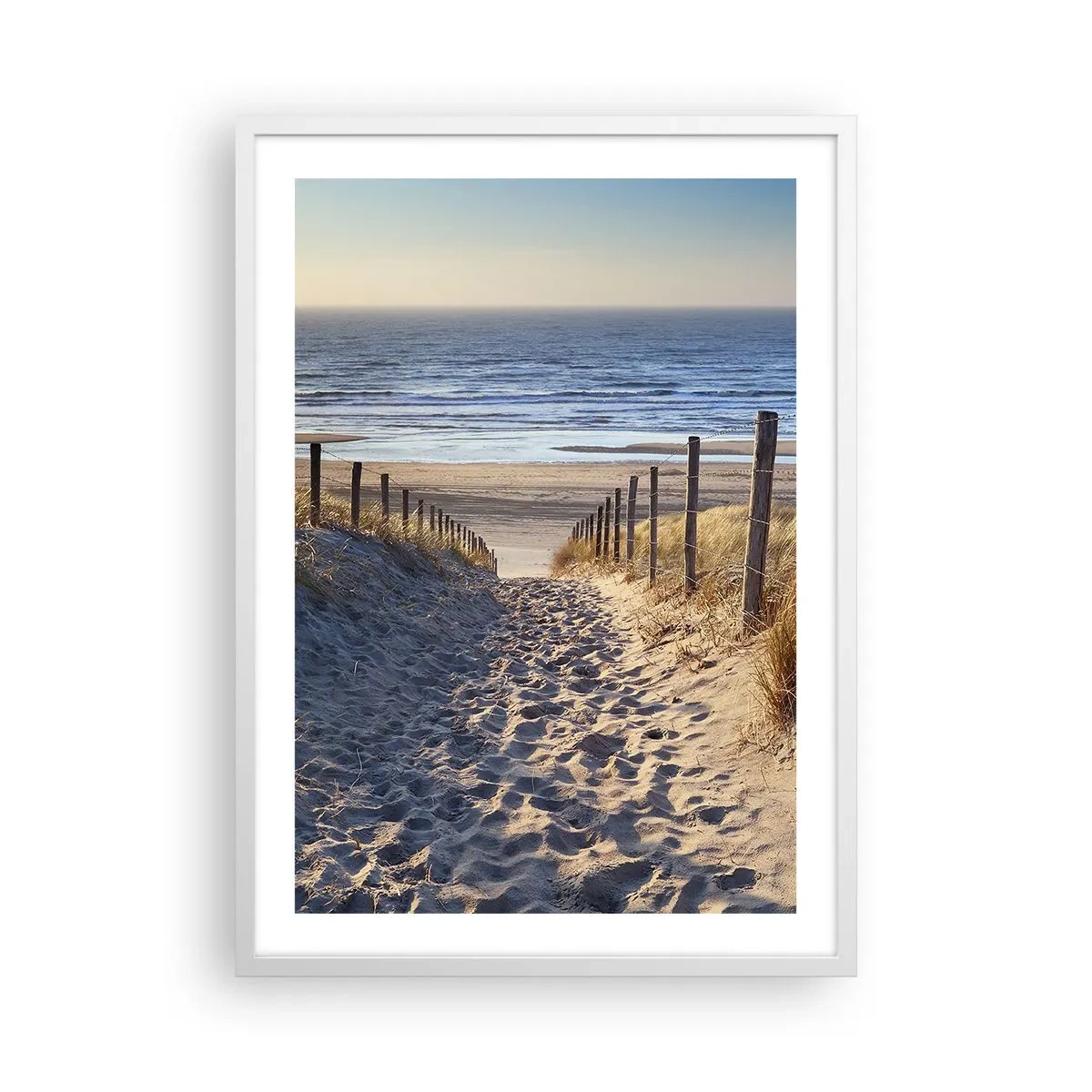 Affisch i vit ram - Havets brus, fågelsång, tom strand bland träden - 50x70 cm