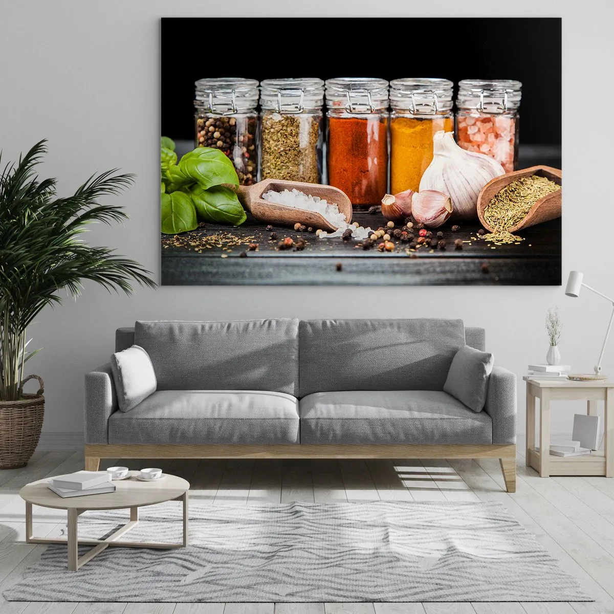 Glastavla - Bild på glas - Färgglada kryddor i burkar på en mörk bakgrund - 70x50cm - Så att livet har smak - Modern väggdekoration för vardagsrum och sovrum ARTTOR