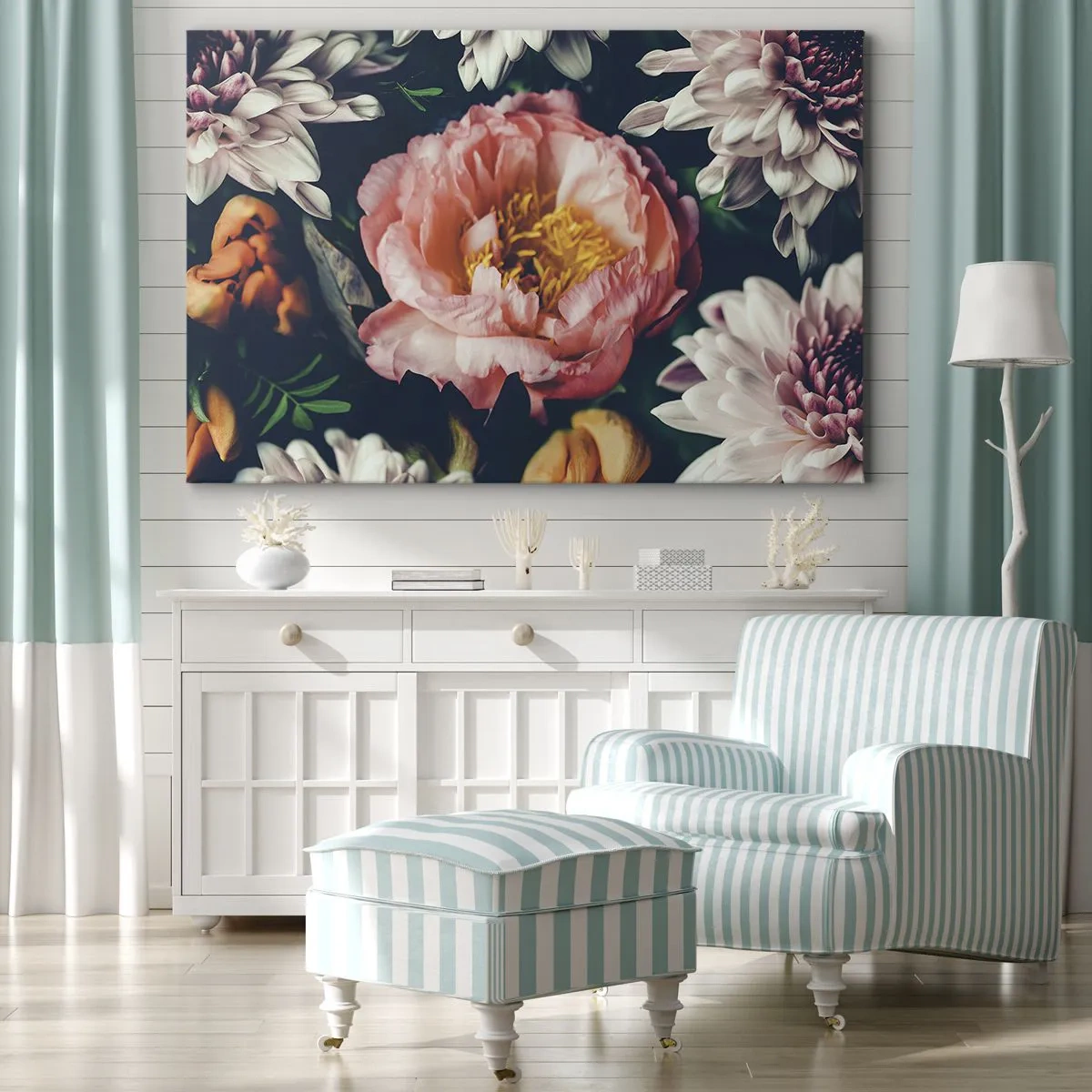 Canvastavla - Bild på duk - Blomsterarrangemang med pion och krysantemum på en mörk bakgrund - 70x50cm - Med barockprakt - Modern väggdekoration för vardagsrum och sovrum ARTTOR