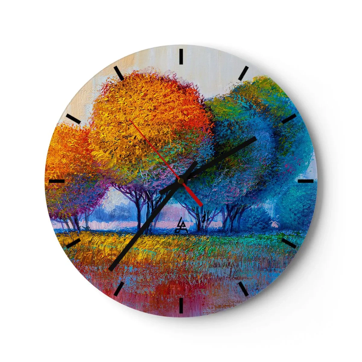 Väggklocka - Klocka på glas - Ett färgstarkt landskap av träd med intensiva nyanser - 30x30cm - Glad färgbukett - Modern väggdekoration för vardagsrum, kök och sovrum ARTTOR