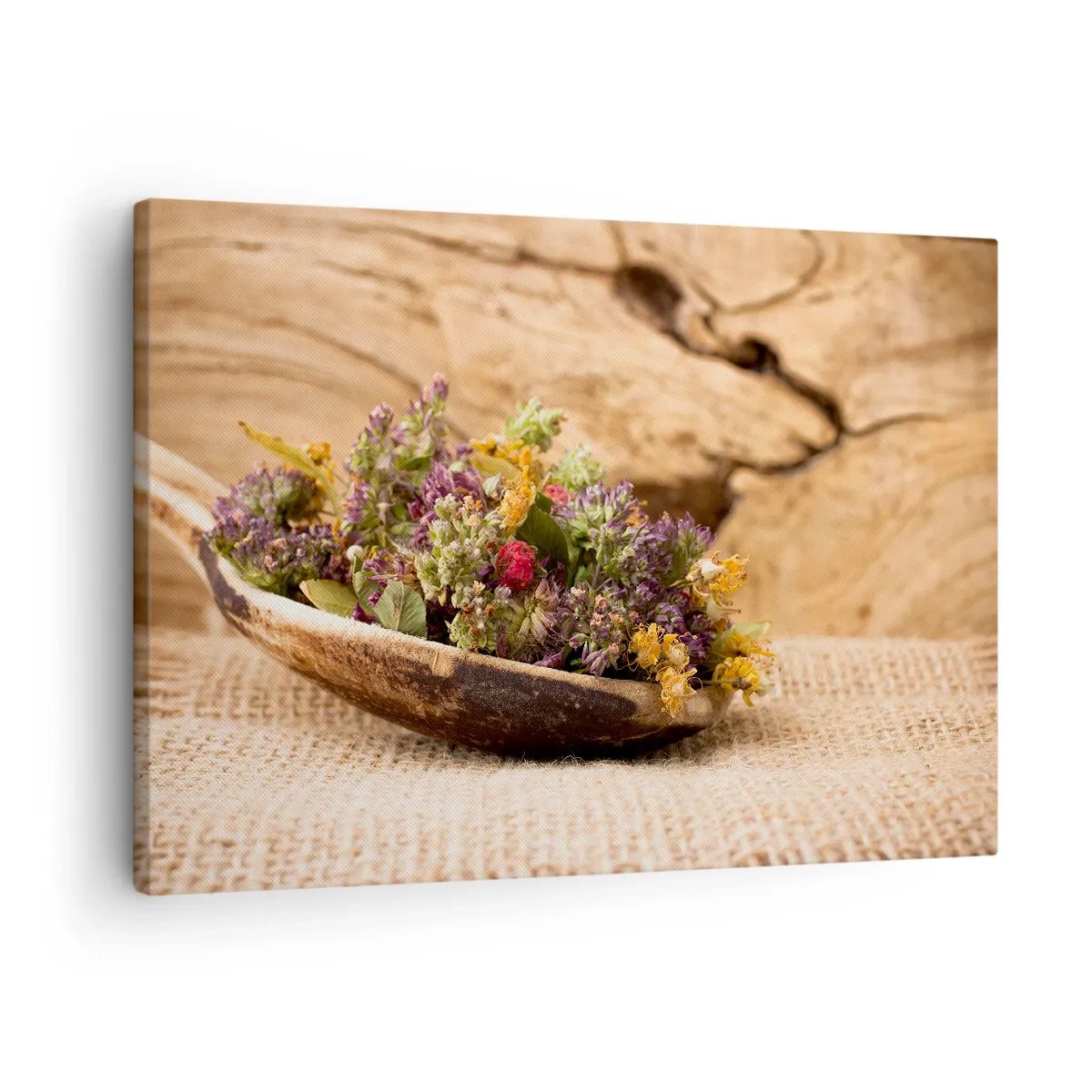 Canvastavla - Bild på duk - Torkade örter i en träsked på en naturlig träbakgrund - 70x50cm - Färgglada blommor och doftande örter - Modern väggdekoration för vardagsrum och sovrum ARTTOR