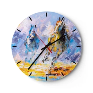 Väggklocka - Klocka på glas - Två hästar i en dynamisk löpning mot en färgglad bakgrund - 30x30cm - Galopp genom skenet - Modern väggdekoration för vardagsrum, kök och sovrum ARTTOR