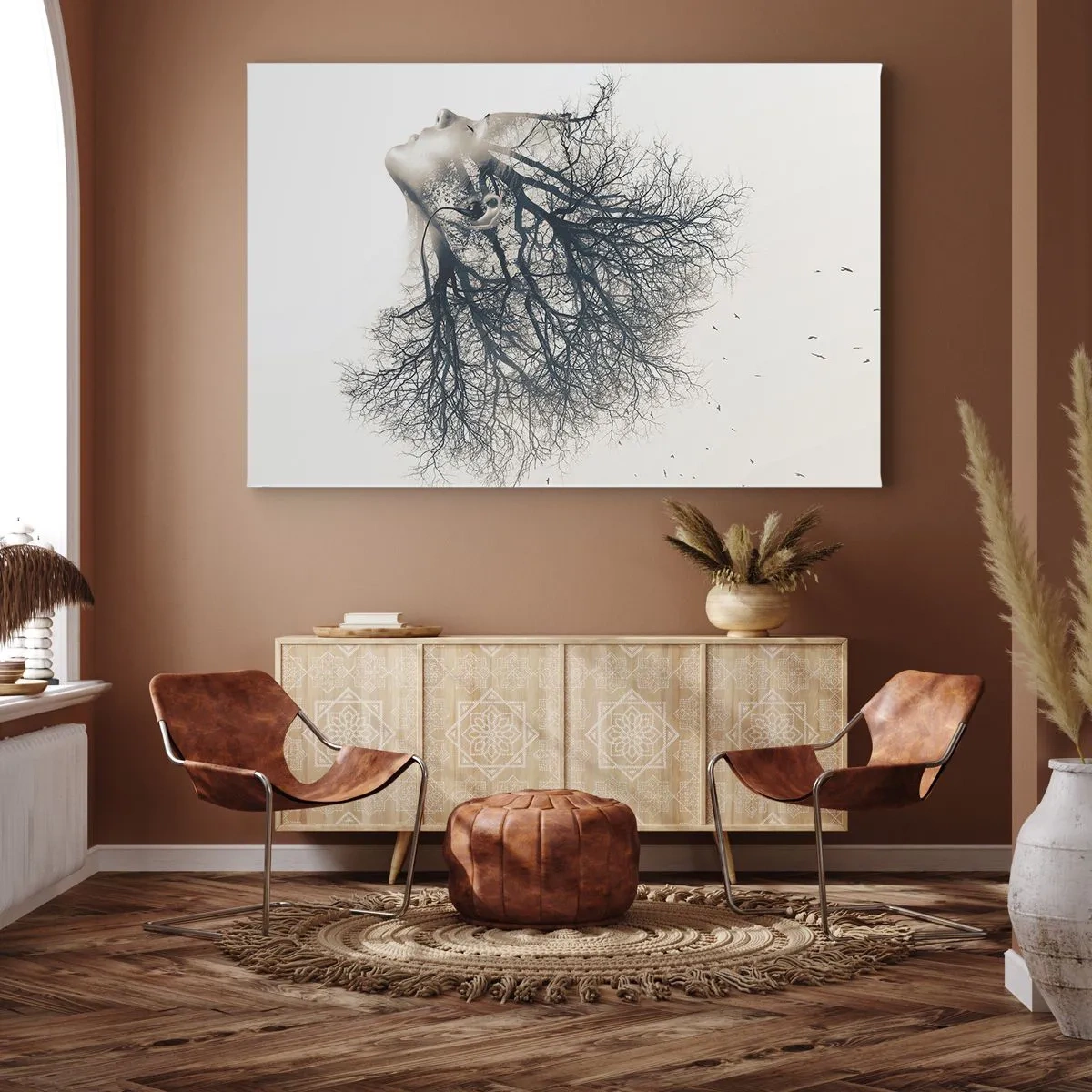Canvastavla - Bild på duk - Kreativ silhuett av en kvinna och träd - 70x50cm - Lyssnar på trädens viskningar - Modern väggdekoration för vardagsrum och sovrum ARTTOR