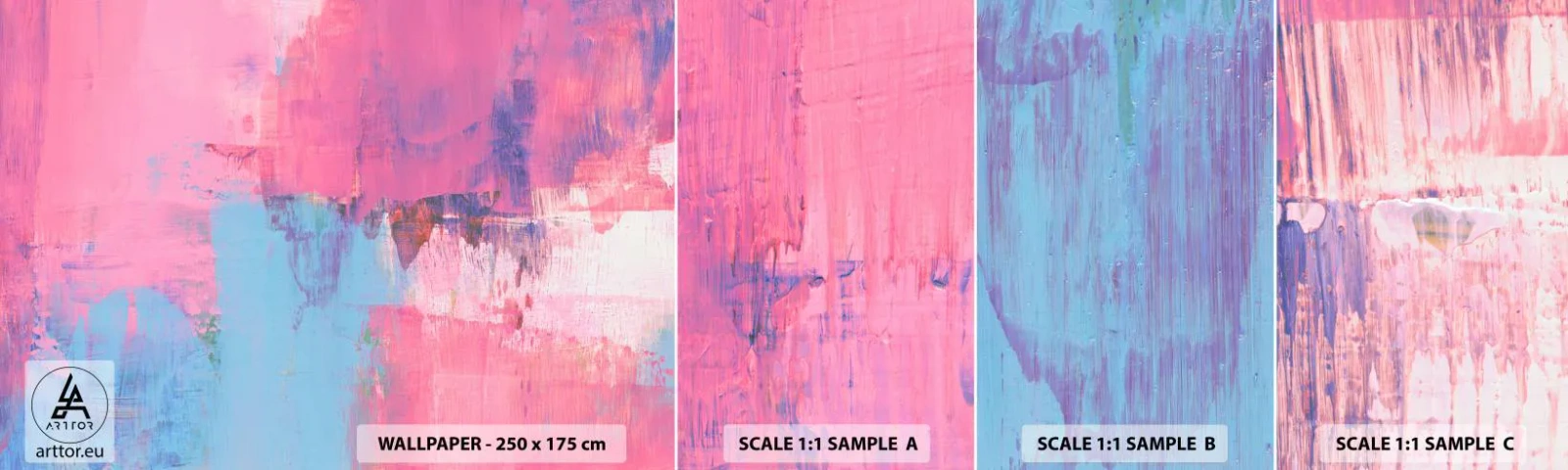 Provbit av självhäftande fototapet Deluxe Sticker - Rosa, blått och en gnutta ljus - Abstraktion, Minimalism, Bit - 100x30 cm