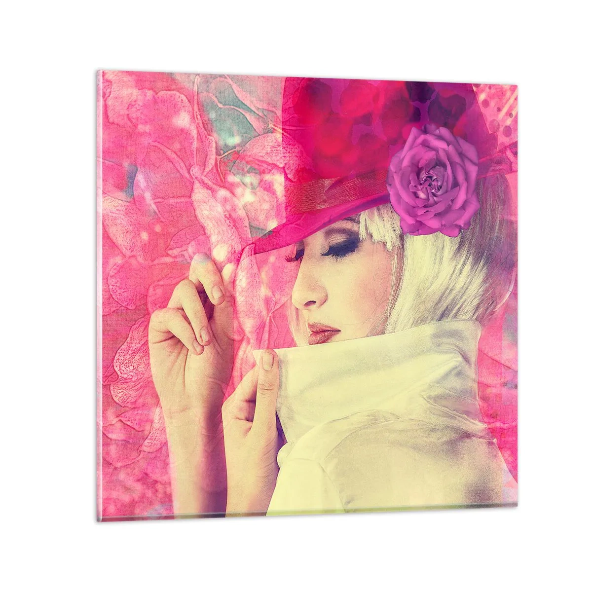 Glastavla - Bild på glas - Retroporträtt i rosa ångor - 70x70 cm
