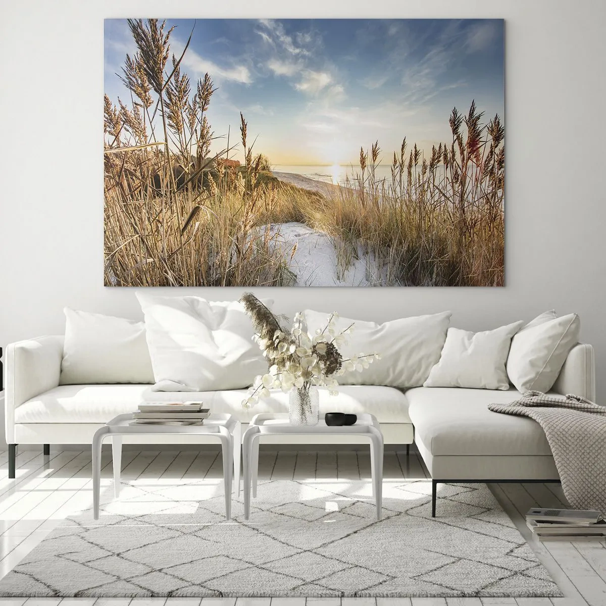 Glastavla - Bild på glas - Solnedgång över en strand med gräsbevuxna sanddyner - 70x50cm - Nordlig strand - Modern väggdekoration för vardagsrum och sovrum ARTTOR