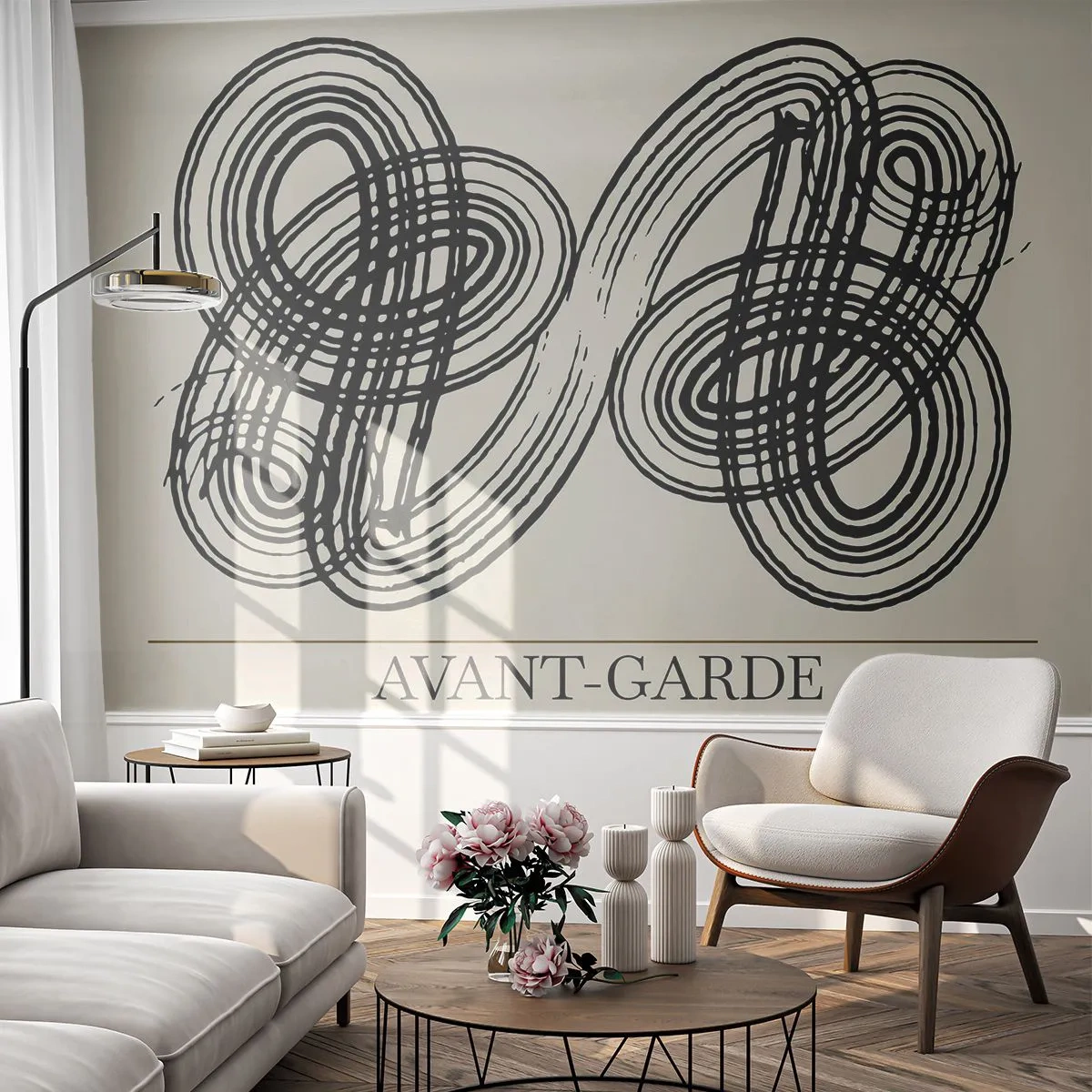 Fototapet Standard Eco - Svarta abstrakta loopar på en ljus bakgrund - 100x70cm - Det kom ut spontant - Modern väggdekoration för vardagsrum och sovrum ARTTOR