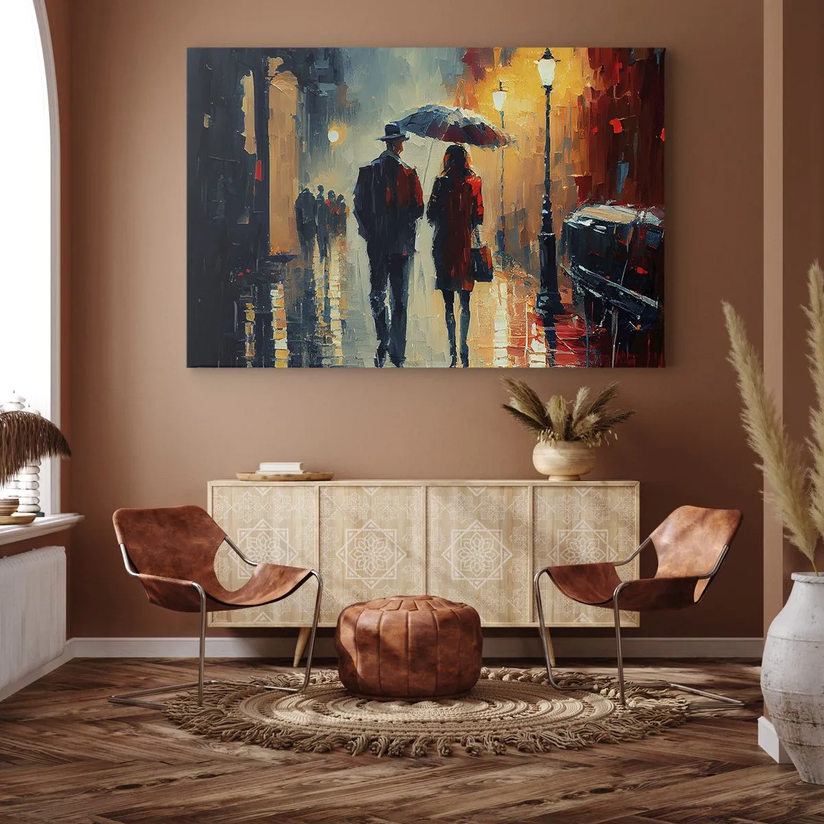 Canvastavla - Bild på duk - Promenader i regnet under ett paraply i staden på natten - 70x50cm - Kärlekshistoria på stan - Modern väggdekoration för vardagsrum och sovrum ARTTOR