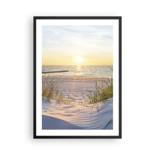 Affisch i svart ram - Solnedgångsstrand med havsutsikt - 50x70cm - Havets brus, fågelsång, tom strand bland träden - Modern väggdekoration för vardagsrum och sovrum ARTTOR
