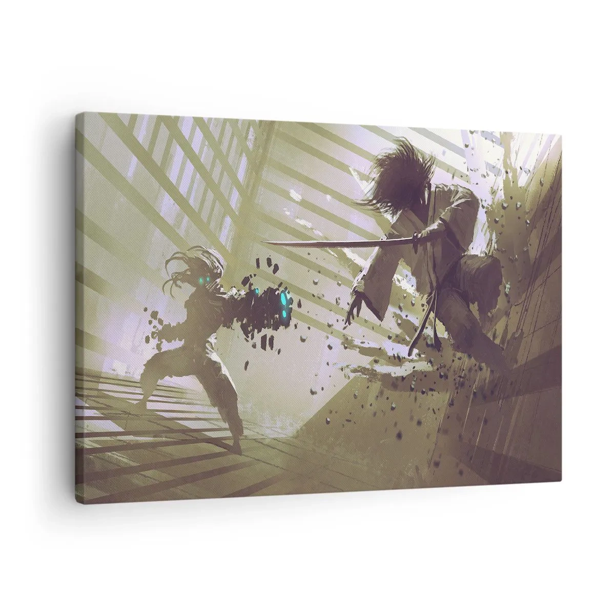 Canvastavla - Bild på duk - Dynamisk kamp mellan två karaktärer i futuristisk stil - 70x50cm - Du kan också bli samuraj - Modern väggdekoration för vardagsrum och sovrum ARTTOR