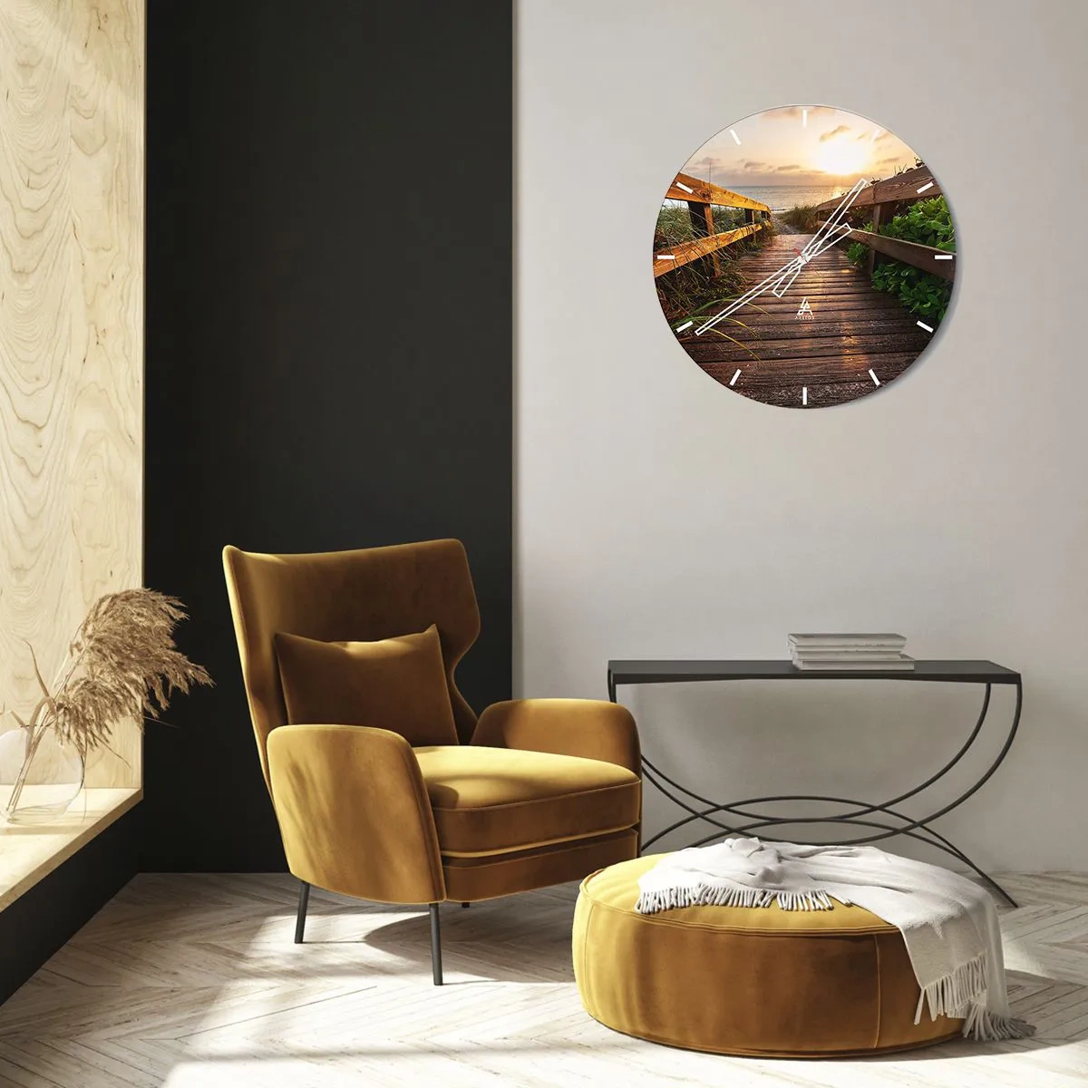 Väggklocka - Klocka på glas - Träbrygga som leder till stranden vid solnedgången - 30x30cm - Direkt till stranden - Modern väggdekoration för vardagsrum, kök och sovrum ARTTOR