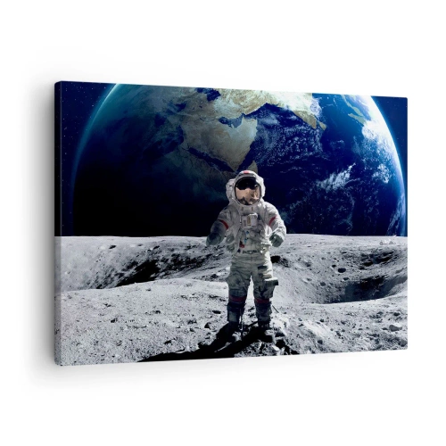Canvastavla - Bild på duk - Astronaut på månens yta med jorden i bakgrunden - 70x50cm - Hälsningar från månen - Modern väggdekoration för vardagsrum och sovrum ARTTOR