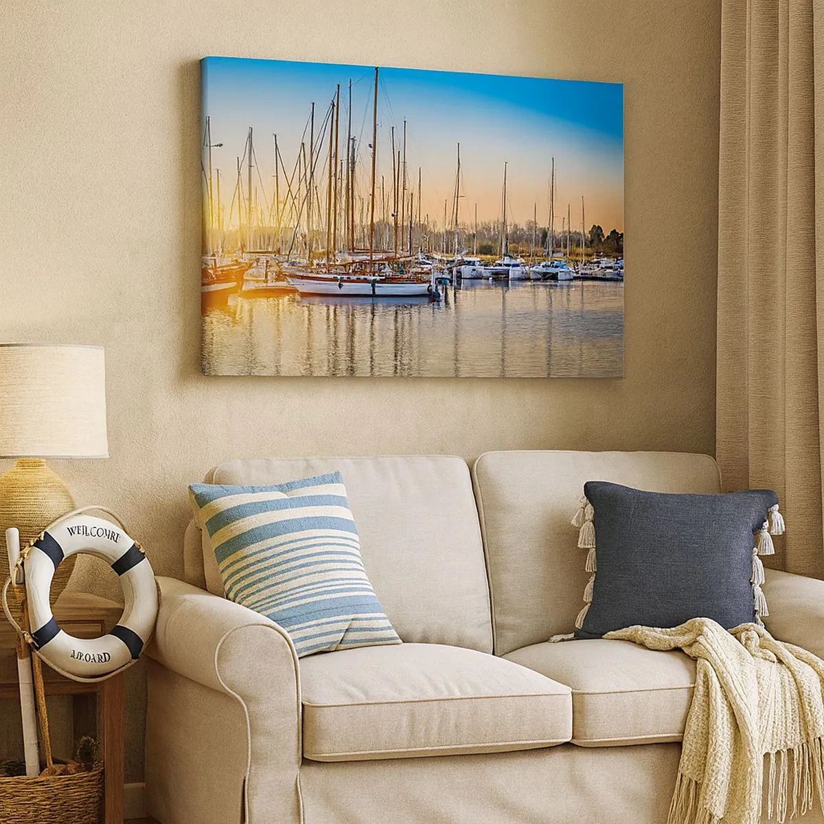 Canvastavla - Bild på duk - Solnedgång över en marina full av segelbåtar - 70x50cm - Vinden måste också sova - Modern väggdekoration för vardagsrum och sovrum ARTTOR