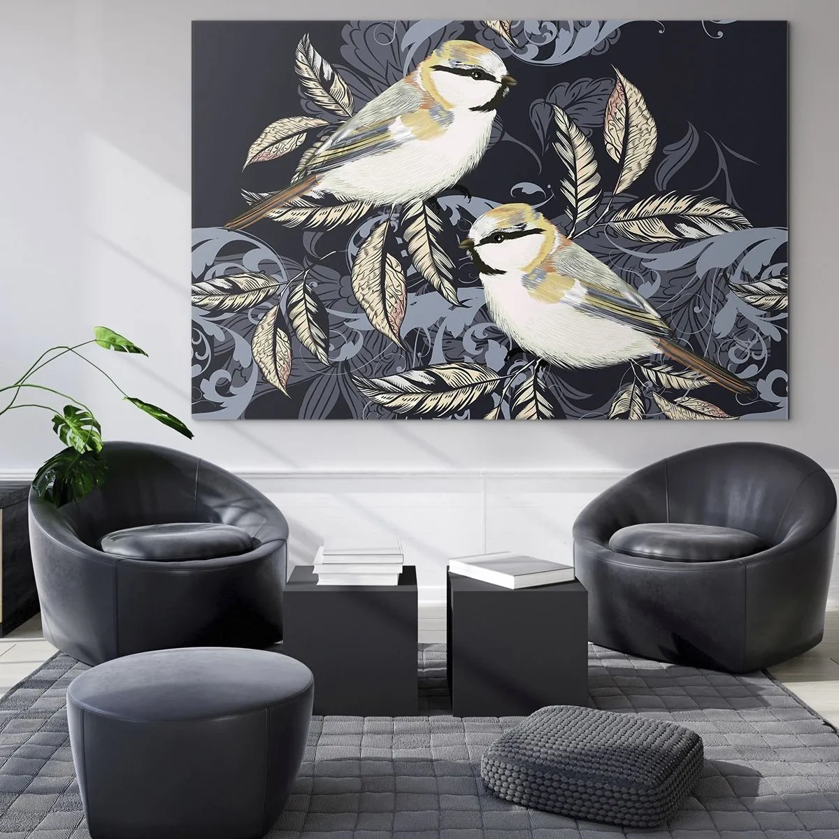 Glastavla - Bild på glas - Illustration av två fåglar på en mörk bakgrund med ornament - 70x50cm - Gul-grå fågelsång - Modern väggdekoration för vardagsrum och sovrum ARTTOR