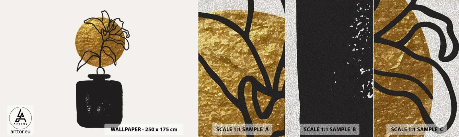 Provbit av fototapet Premium Sand - Guldvärd skönhet - Vas, Blommor, Minimalism - 100x30 cm