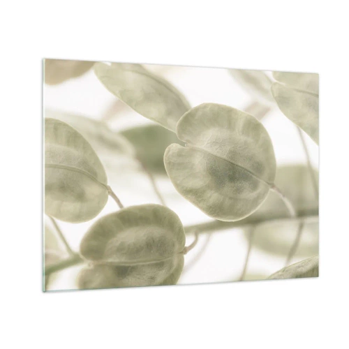 Glastavla - Bild på glas - Närbild av löv i mjuka pastellgröna nyanser - 70x50cm - I början fanns det löv... - Modern väggdekoration för vardagsrum och sovrum ARTTOR