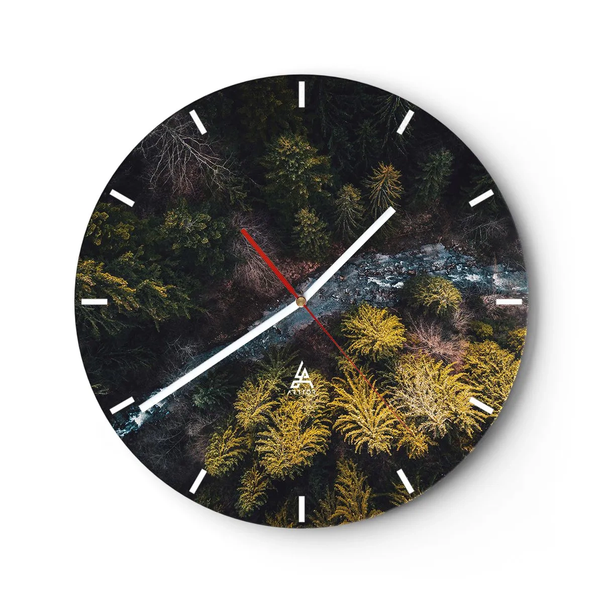 Väggklocka - Klocka på glas - En vy ovanifrån över skogen och en bäck bland barrträden - 30x30cm - Snabbt, allt snabbare - Modern väggdekoration för vardagsrum, kök och sovrum ARTTOR