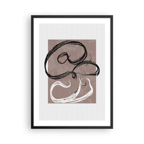Affisch i svart ram - Abstrakt komposition med dynamiska penseldrag i svartvitt mot brun bakgrund. - 50x70cm - Komposition - sökande efter fullständighet - Modern väggdekoration för vardagsrum och sovrum ARTTOR