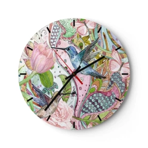 Väggklocka - Klocka på glas - Färgglada kolibrier och blommor mot en bakgrund av konstnärliga mönster - 30x30cm - Inbäddade i klätterväxter - Modern väggdekoration för vardagsrum, kök och sovrum ARTTOR