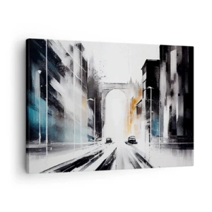 Canvastavla - Bild på duk - Abstrakt stadspanorama med en välvd bro - 70x50cm - Stadsstudie: arkitektur och rörelse - Modern väggdekoration för vardagsrum och sovrum ARTTOR