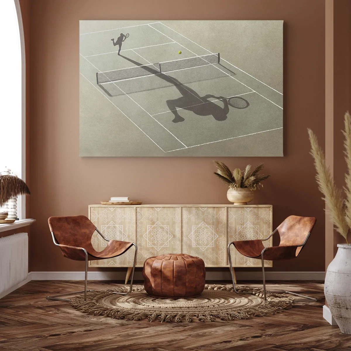Canvastavla - Bild på duk - Skuggan av en tennisspelare på banan under en tennismatch - 70x50cm - Övervinna sig själv - Modern väggdekoration för vardagsrum och sovrum ARTTOR