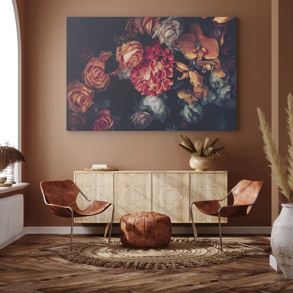 Canvastavla - Bild på duk - En bukett med olika blommor i mörka toner - 70x50cm - Som hos de holländska mästarna - Modern väggdekoration för vardagsrum och sovrum ARTTOR