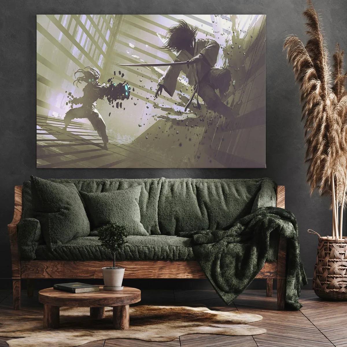 Canvastavla - Bild på duk - Dynamisk kamp mellan två karaktärer i futuristisk stil - 70x50cm - Du kan också bli samuraj - Modern väggdekoration för vardagsrum och sovrum ARTTOR