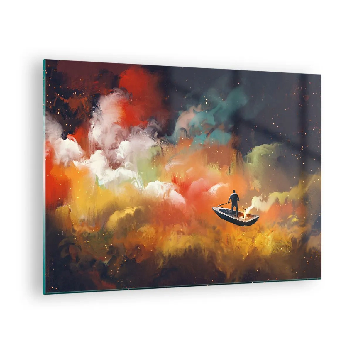 Glastavla - Bild på glas - En figur på en båt som svävar bland färgglada galaktiska moln - 70x50cm - I båten genom galaxen - Modern väggdekoration för vardagsrum och sovrum ARTTOR