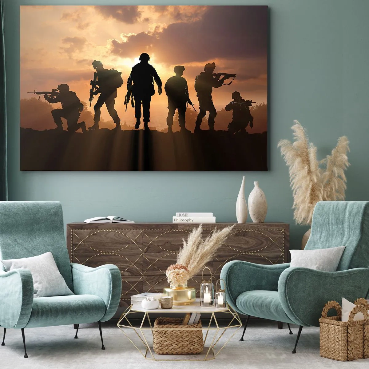 Canvastavla - Bild på duk - Soldater mot bakgrund av den nedgående solen i en dynamisk miljö - 70x50cm - Brothers in arms - Modern väggdekoration för vardagsrum och sovrum ARTTOR