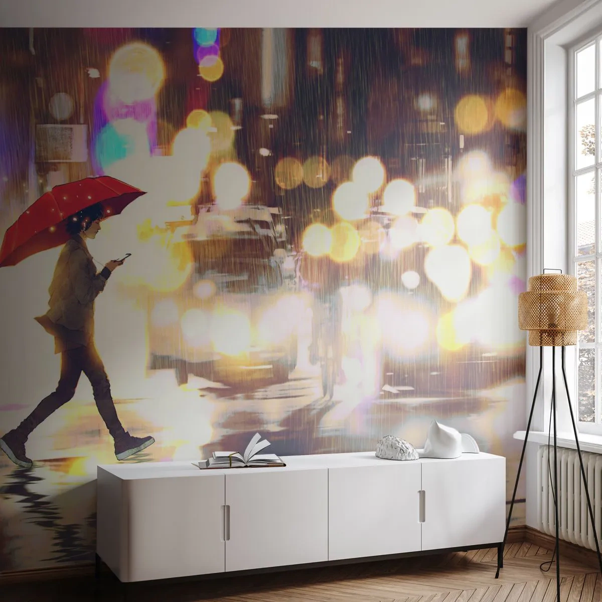Självhäftande Fototapet Deluxe Sticker - Solig trots allt - Stad, Gå i regnet, Paraply - 250x175 cm