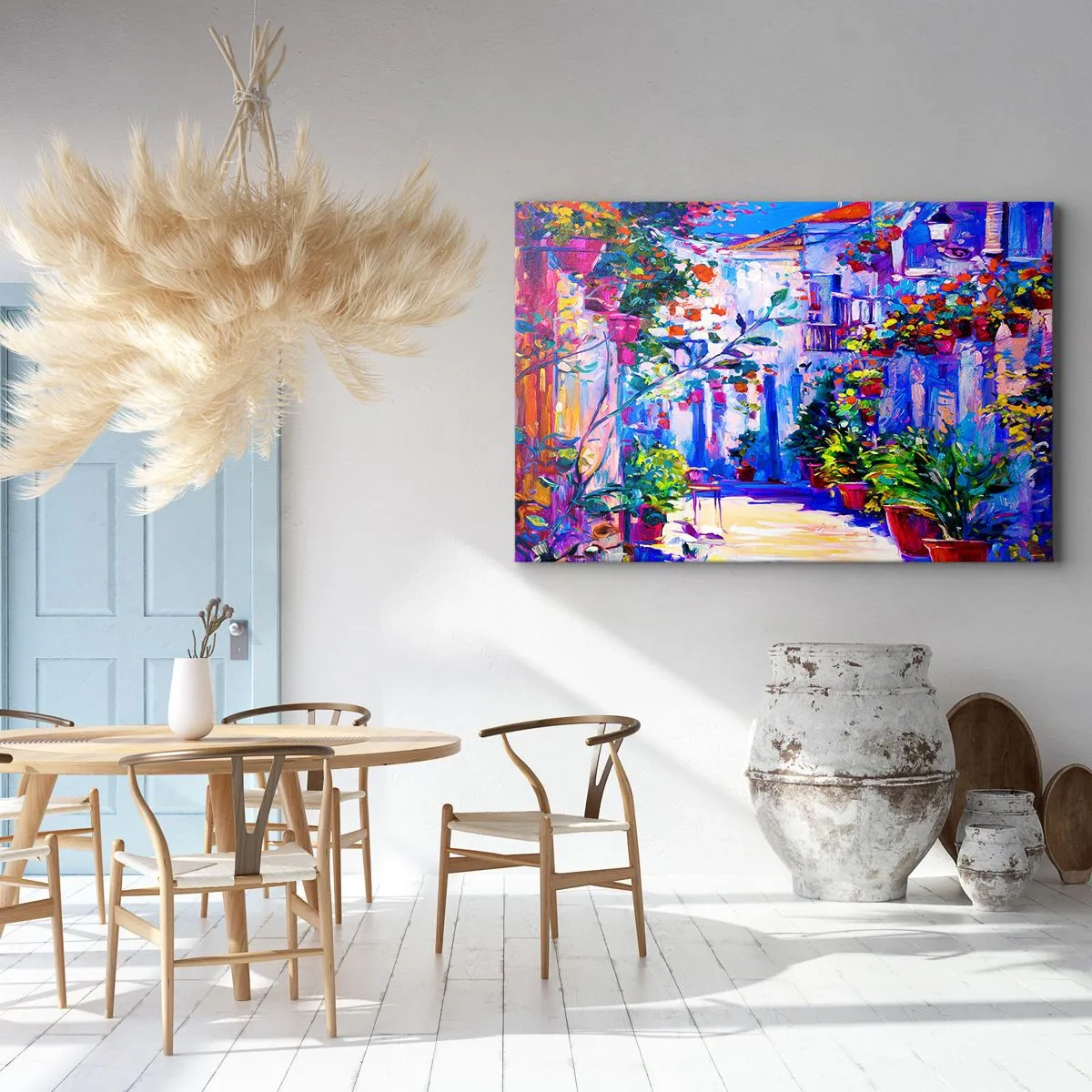 Canvastavla - Bild på duk - En färgglad gata full av blommor - 70x50cm - Impression - italiensk gränd - Modern väggdekoration för vardagsrum och sovrum ARTTOR