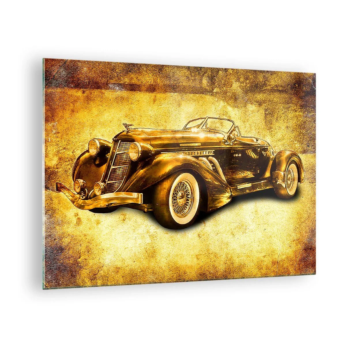 Glastavla - Bild på glas - Vintage cabrioletbil på en vintagebakgrund - 70x50cm - Elitens elit - Modern väggdekoration för vardagsrum och sovrum ARTTOR