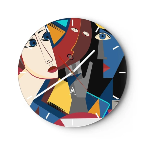 Väggklocka - Klocka på glas - Kubistiska ansikten i livfulla färger i en geometrisk komposition - 30x30cm - Kubistiskt samtal - Modern väggdekoration för vardagsrum, kök och sovrum ARTTOR