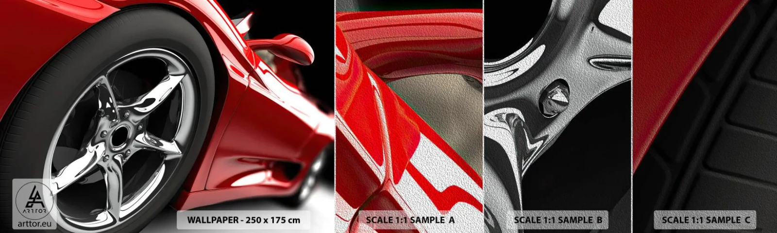 Provbit av fototapet Premium Sand - Skapad att vara snabb - Bil, Sportbil, Fälg - 100x30 cm