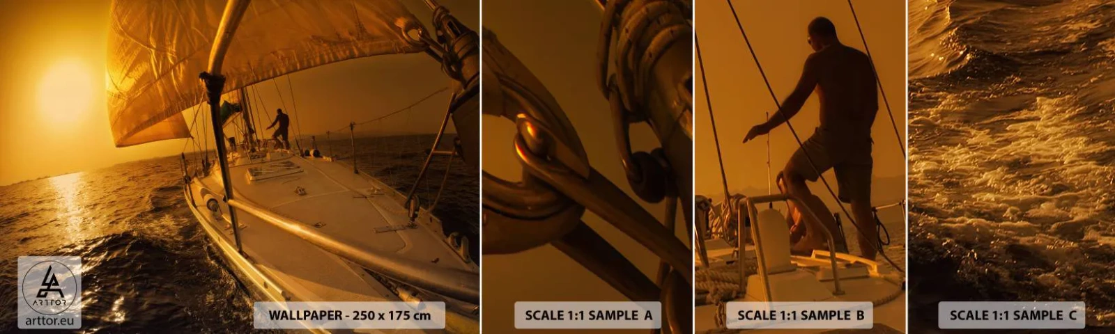 Fototapet Prov Standard Eco - Gyllene kväll efter en färgrik dag - Maritime studier, Segelbåt, Resor - 100x30 cm