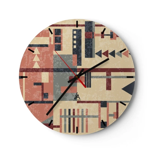 Väggklocka - Klocka på glas - Abstrakt geometriskt mönster i nyanser av beige, rött och grått - 30x30cm - Kombination av vertikala och horisontella element - Modern väggdekoration för vardagsrum, kök och sovrum ARTTOR