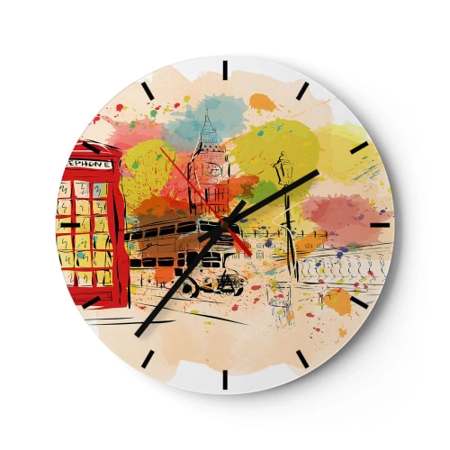 Väggklocka - Klocka på glas - En färgglad skiss av staden med Big Ben och en röd buss. - 30x30cm - Mångfaldens stad - Modern väggdekoration för vardagsrum, kök och sovrum ARTTOR