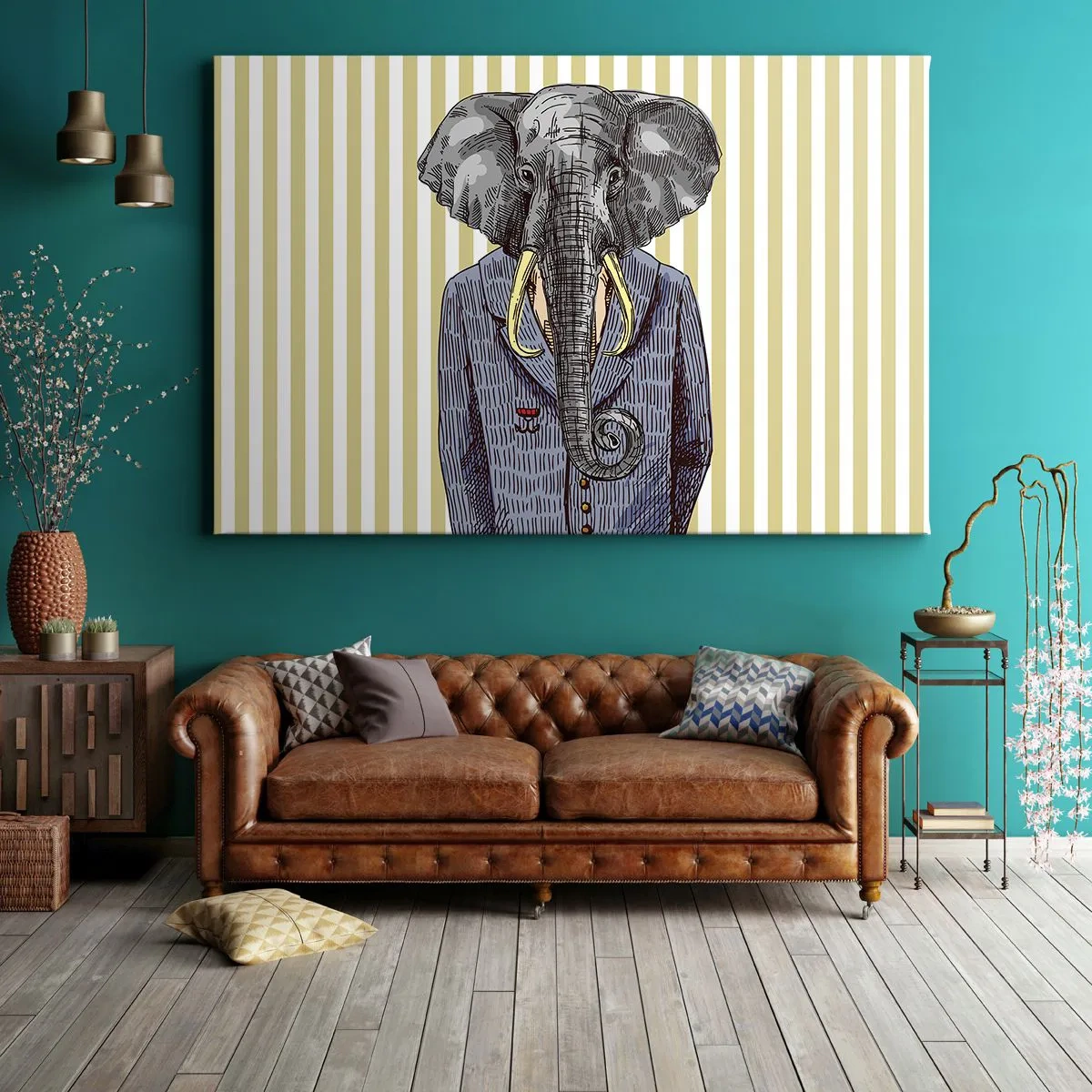 Canvastavla - Bild på duk - En elefant i kostym mot en bakgrund av beige ränder - 70x50cm - Elegant ur naturen - Modern väggdekoration för vardagsrum och sovrum ARTTOR