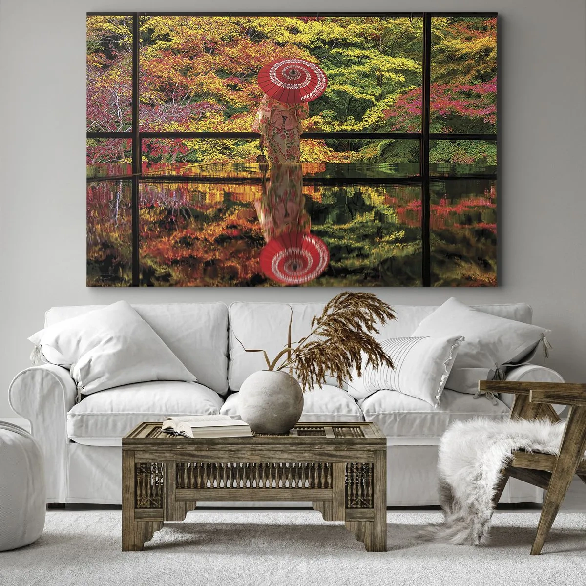 Canvastavla - Bild på duk - En kvinna i kimono med paraply mot bakgrund av ett höstlandskap. - 70x50cm - I naturens tempel - Modern väggdekoration för vardagsrum och sovrum ARTTOR