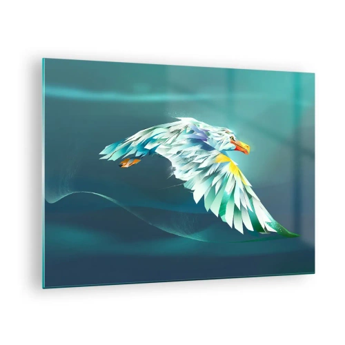 Glastavla - Bild på glas - En abstrakt bild av en örn i nyanser av blått och vitt mot en bakgrund av vågor. - 70x50cm - Flyg som en örn - Modern väggdekoration för vardagsrum och sovrum ARTTOR