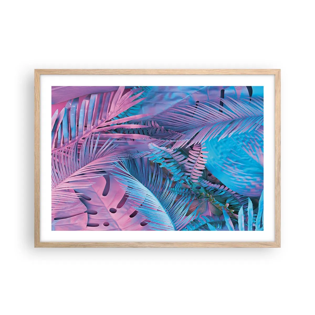 Affisch i ram av ljusek - Tropiken i rosa och blått - 70x50 cm